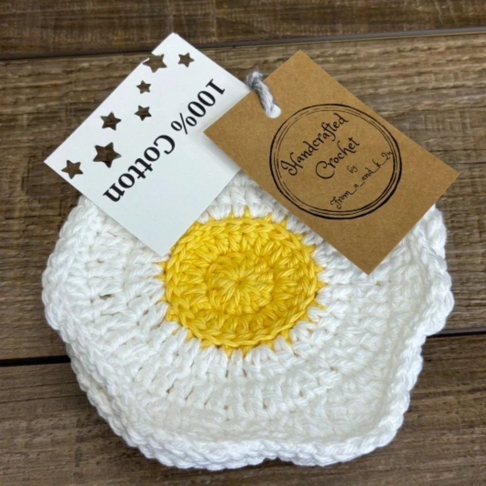 Coasters Sunny Side Up Fried Egg Cup Mug Set of 4‎ Handcrafted Crochet Cotton